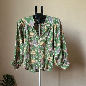 Anthropologie Green Balloon-Print Button Front Blouse